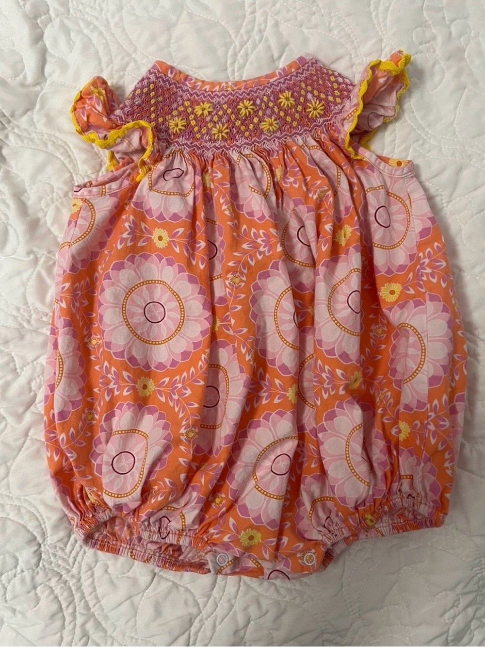 Girls Orange and Pink Floral Smocked Bubble Romper